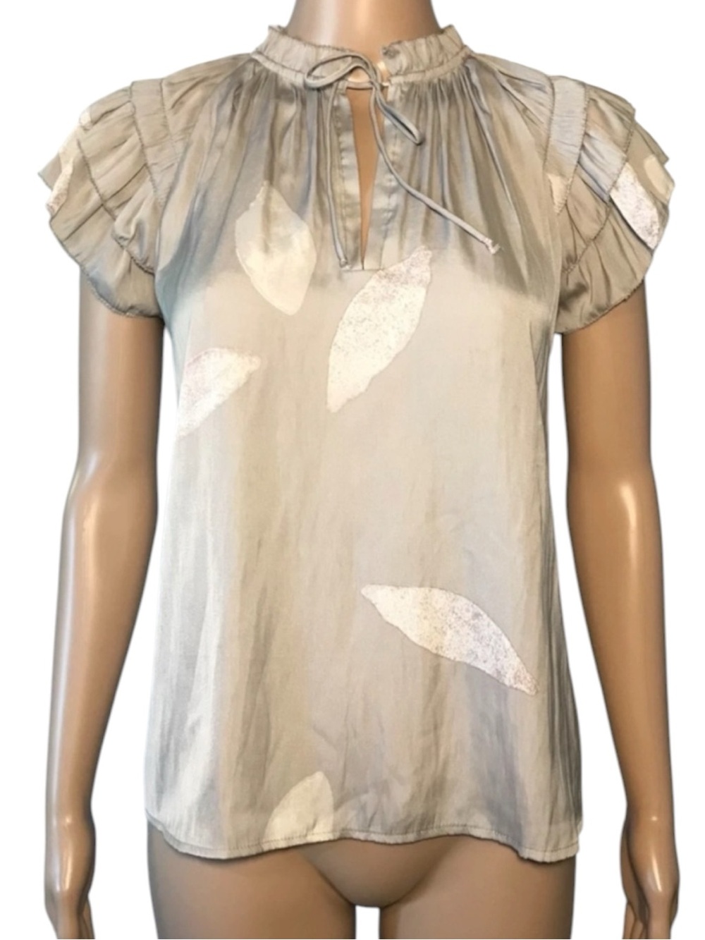 Philosophy Women's Blouse Size XP Leaf Print Flutter Sleeve Keyhole Tie Pullover